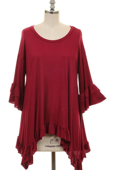 Rayon Tunic with Ruffle Detail in Burgundy